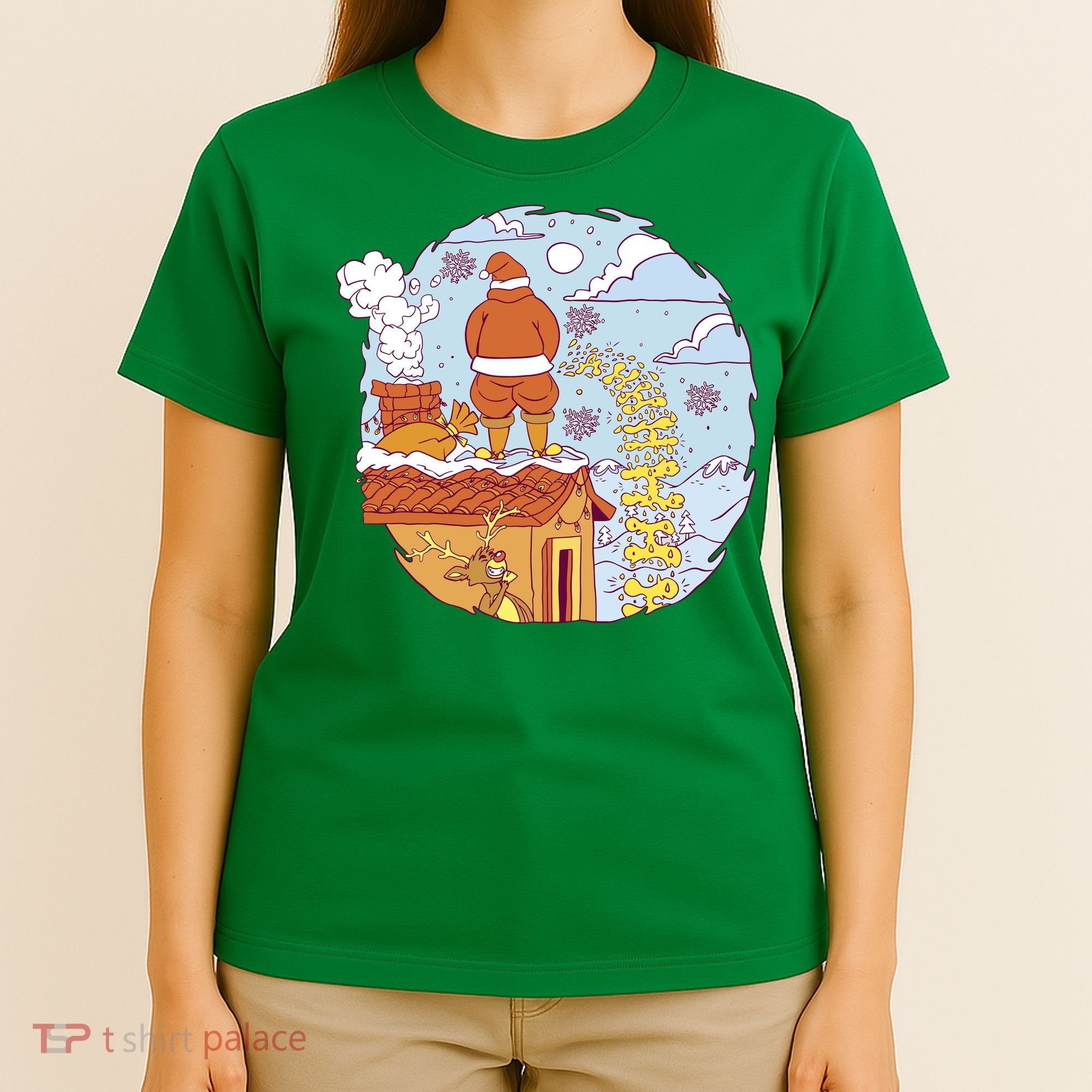 Santa Claus Peeing On Roof Funny Holiday Christmas T-Shirt