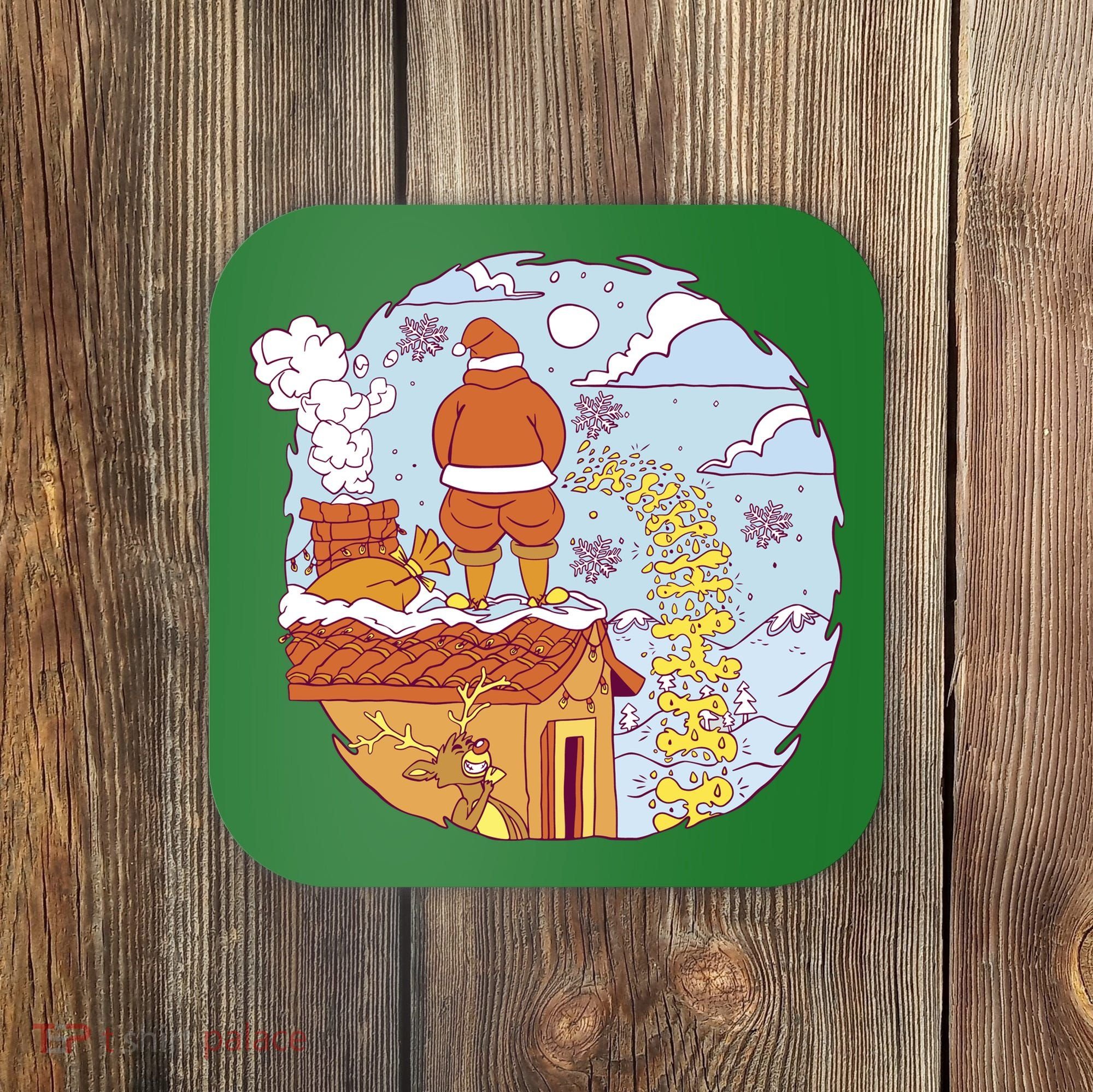 Santa Claus Peeing On Roof Funny Holiday Christmas Coaster