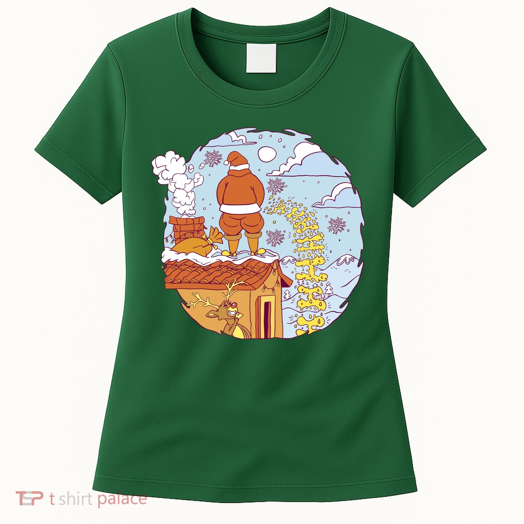 Santa Claus Peeing On Roof Funny Holiday Christmas Women's T-Shirt
