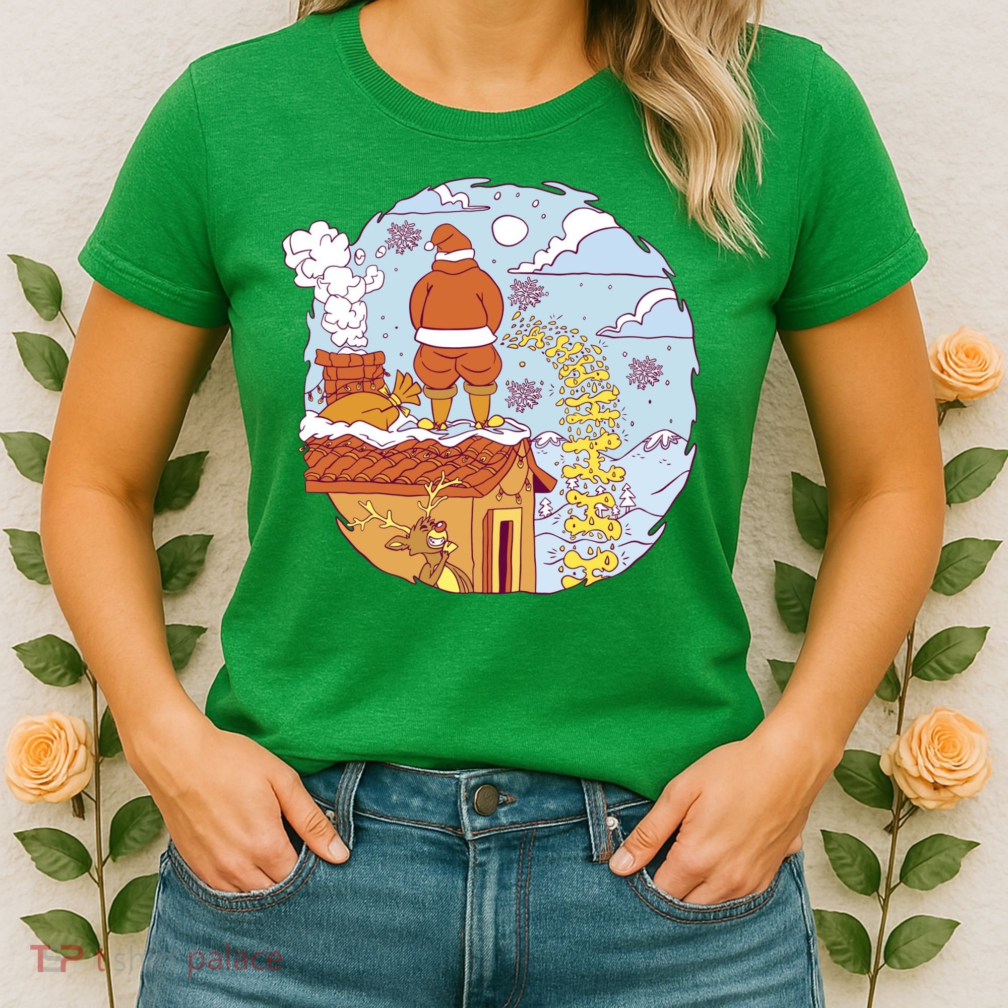 Santa Claus Peeing On Roof Funny Holiday Christmas Women's T-Shirt