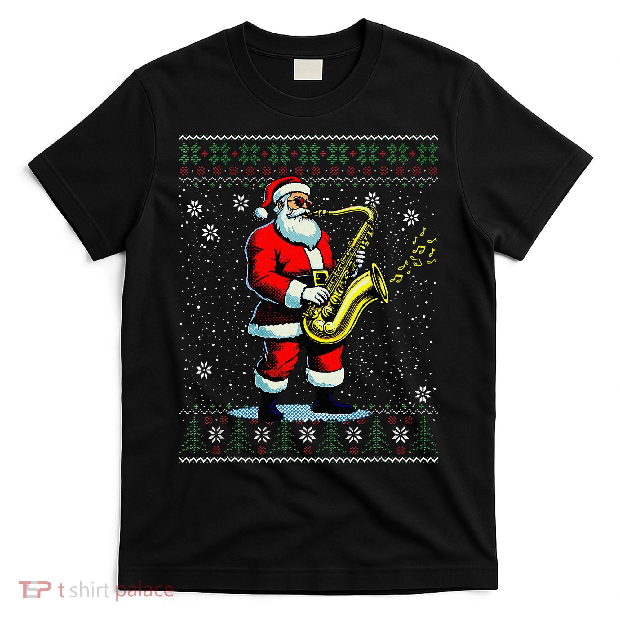 Santa Claus playing Saxophone Musical Ugly Christmas Sweater  T-Shirt