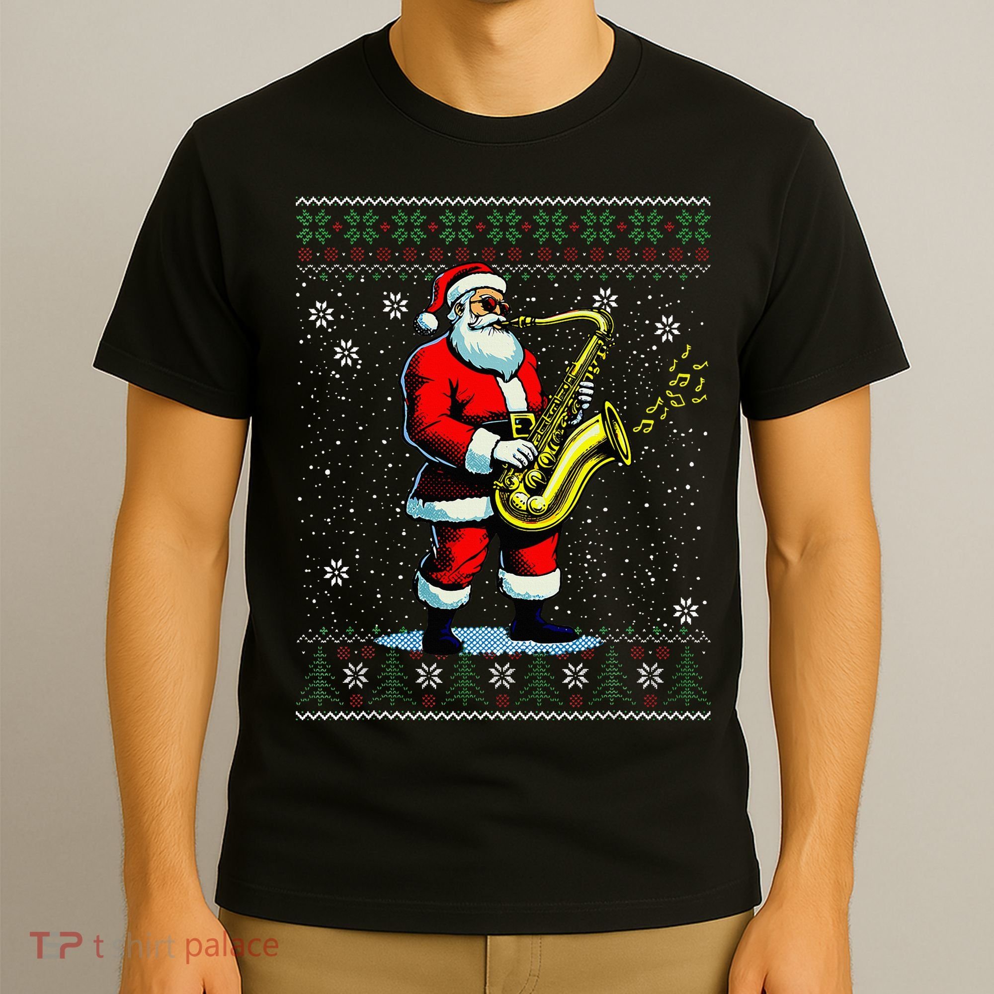 Santa Claus playing Saxophone Musical Ugly Christmas Sweater  T-Shirt