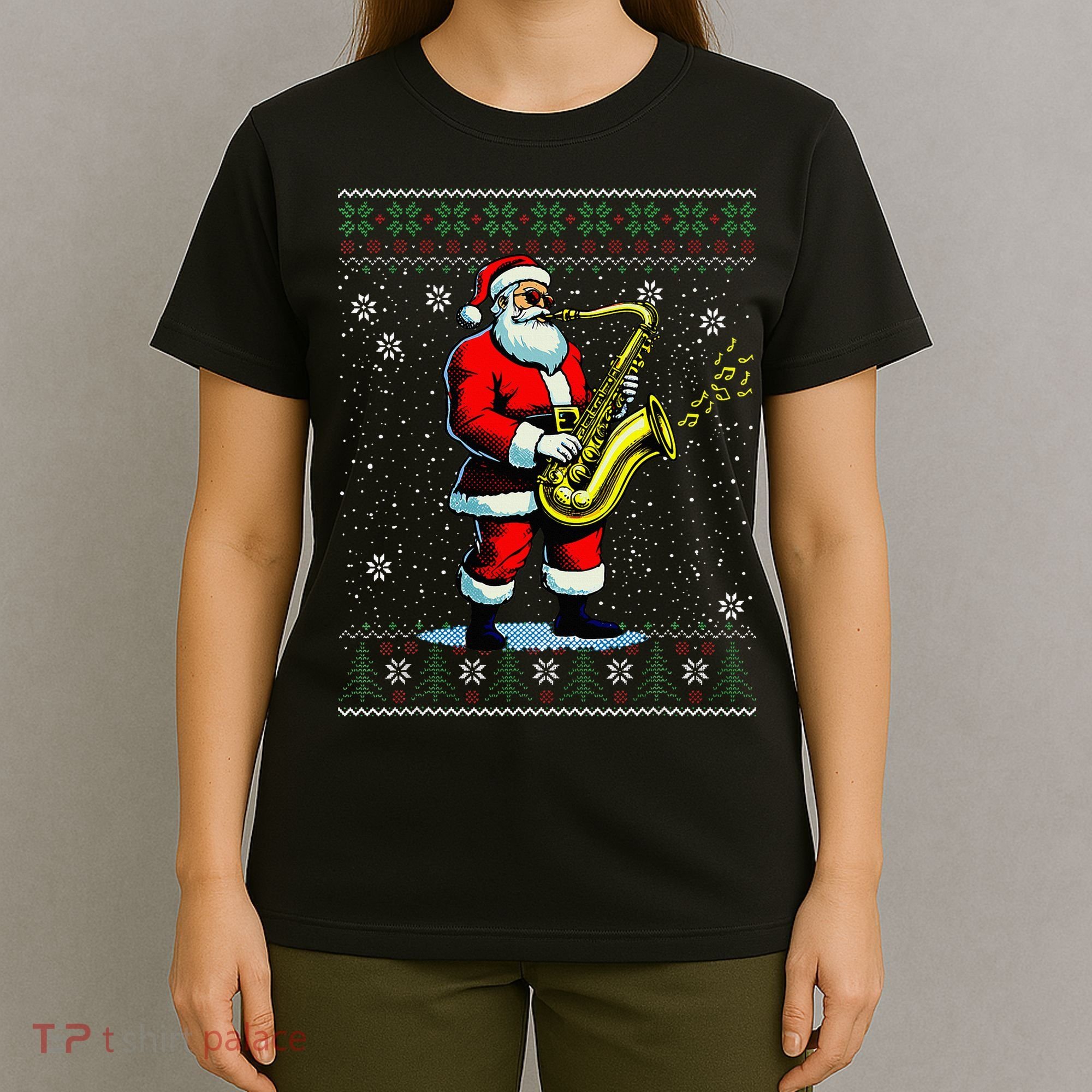Santa Claus playing Saxophone Musical Ugly Christmas Sweater  T-Shirt