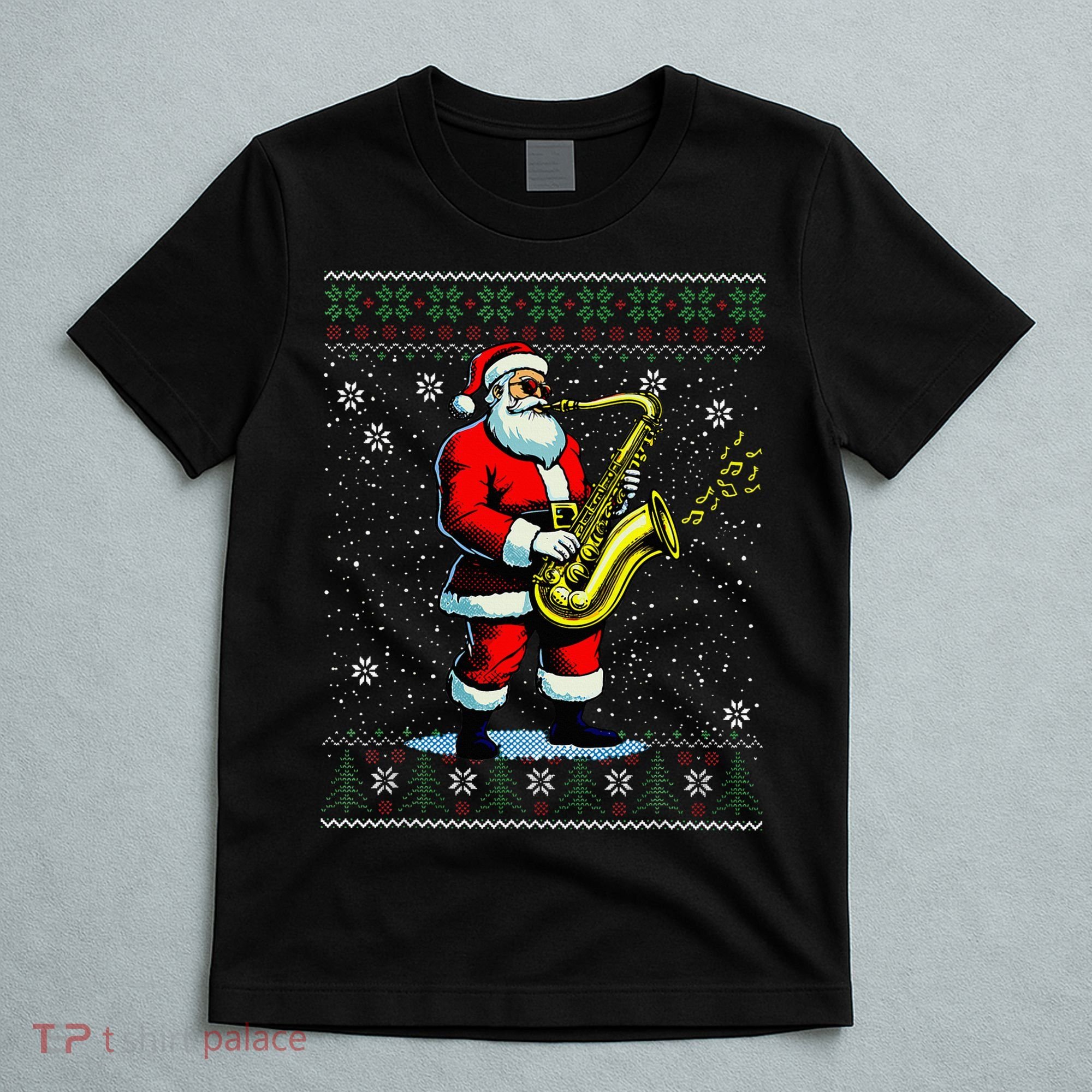 Santa Claus playing Saxophone Musical Ugly Christmas Sweater  T-Shirt