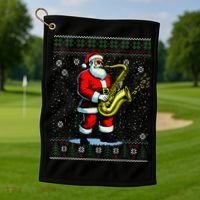 Santa Claus playing Saxophone Musical Ugly Christmas Sweater  Golf Towel thumb 1