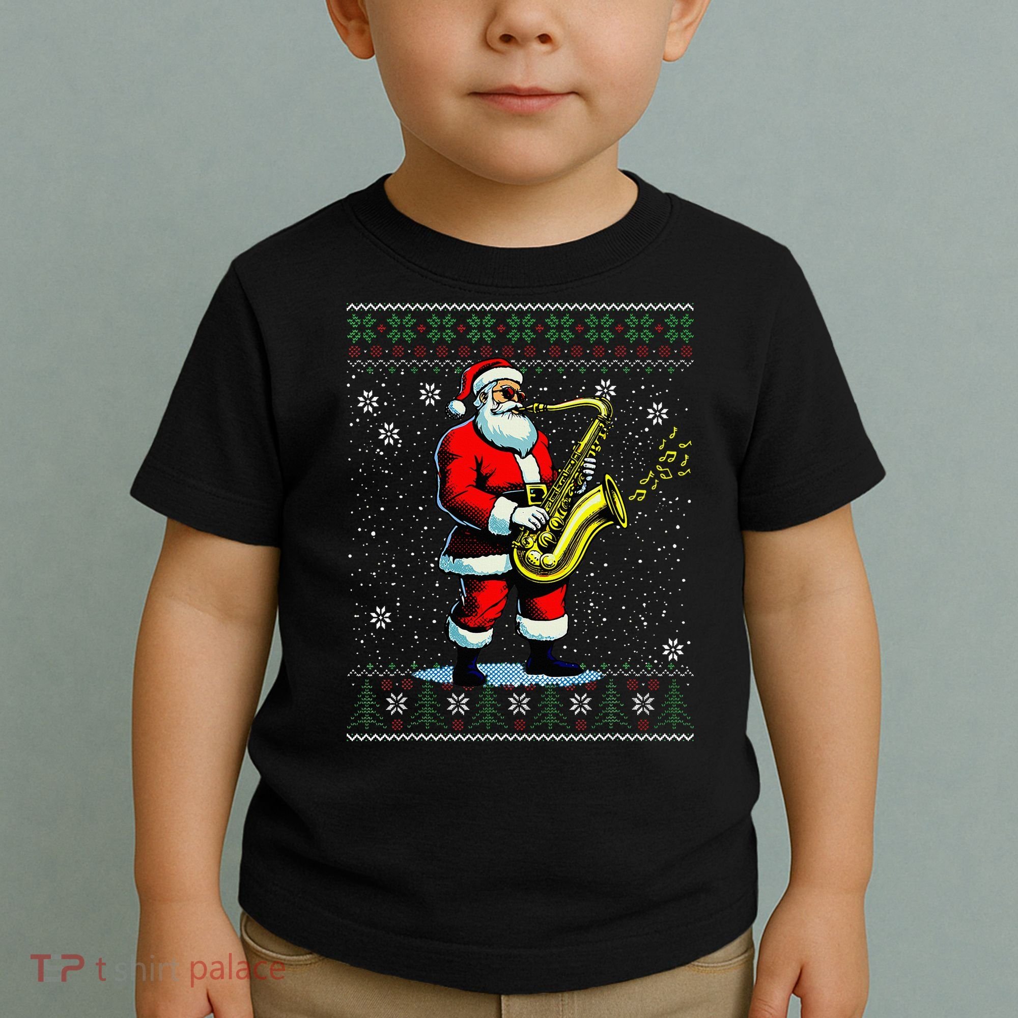 Santa Claus playing Saxophone Musical Ugly Christmas Sweater  Toddler T-Shirt