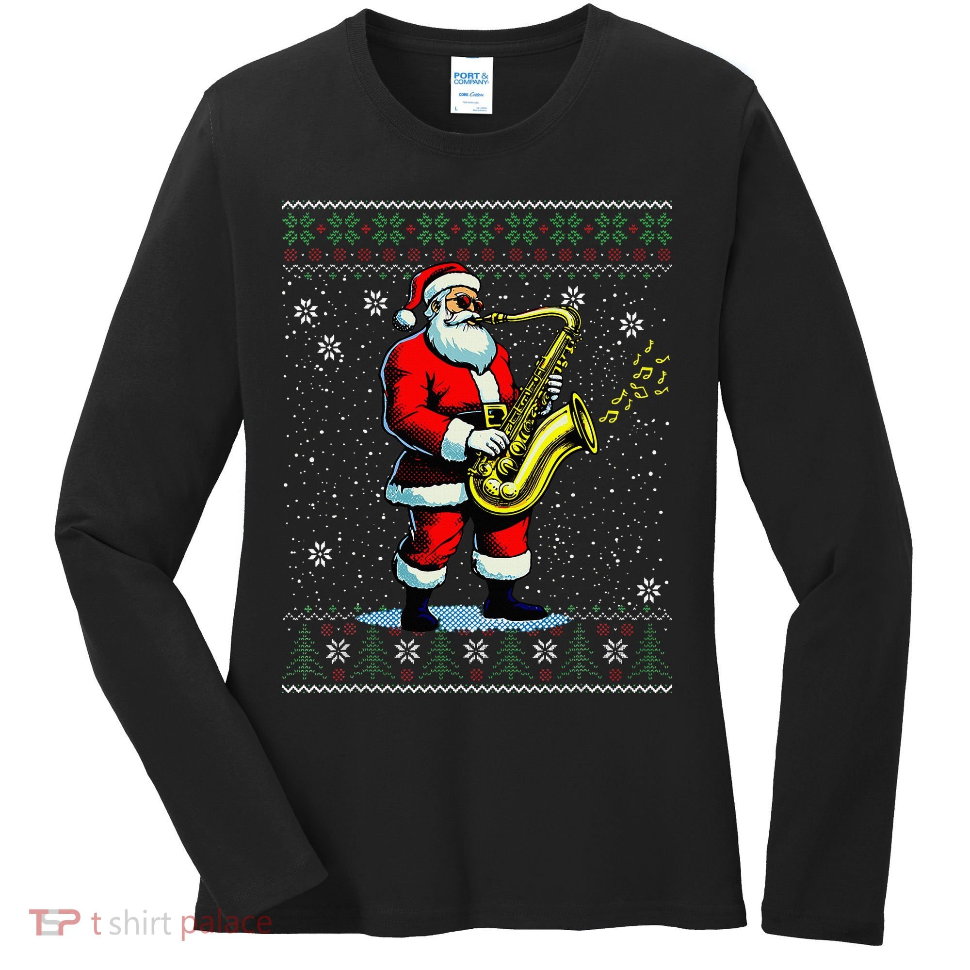 Santa Claus playing Saxophone Musical Ugly Christmas Sweater  Women's Long Sleeve Shirt