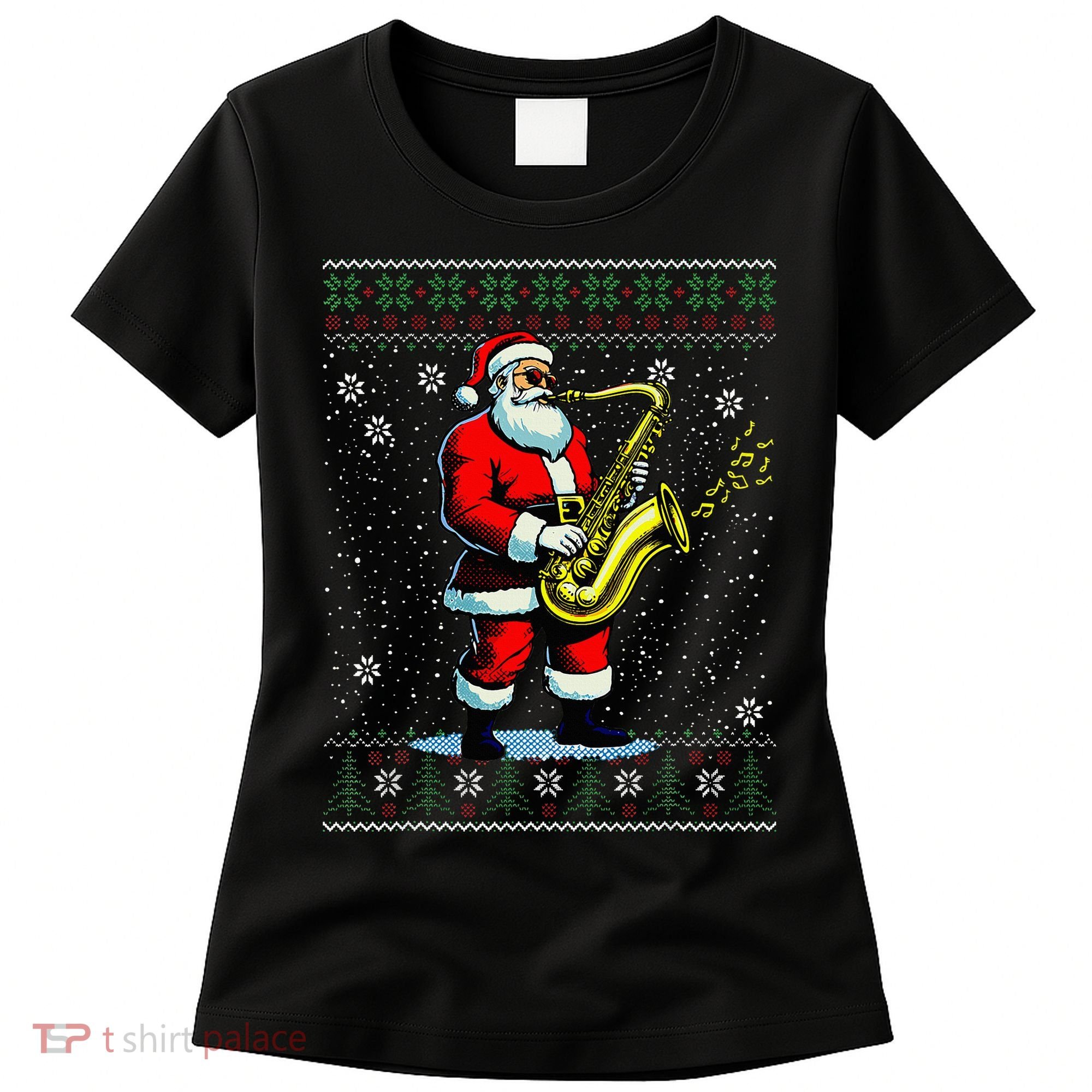 Santa Claus playing Saxophone Musical Ugly Christmas Sweater  Women's T-Shirt