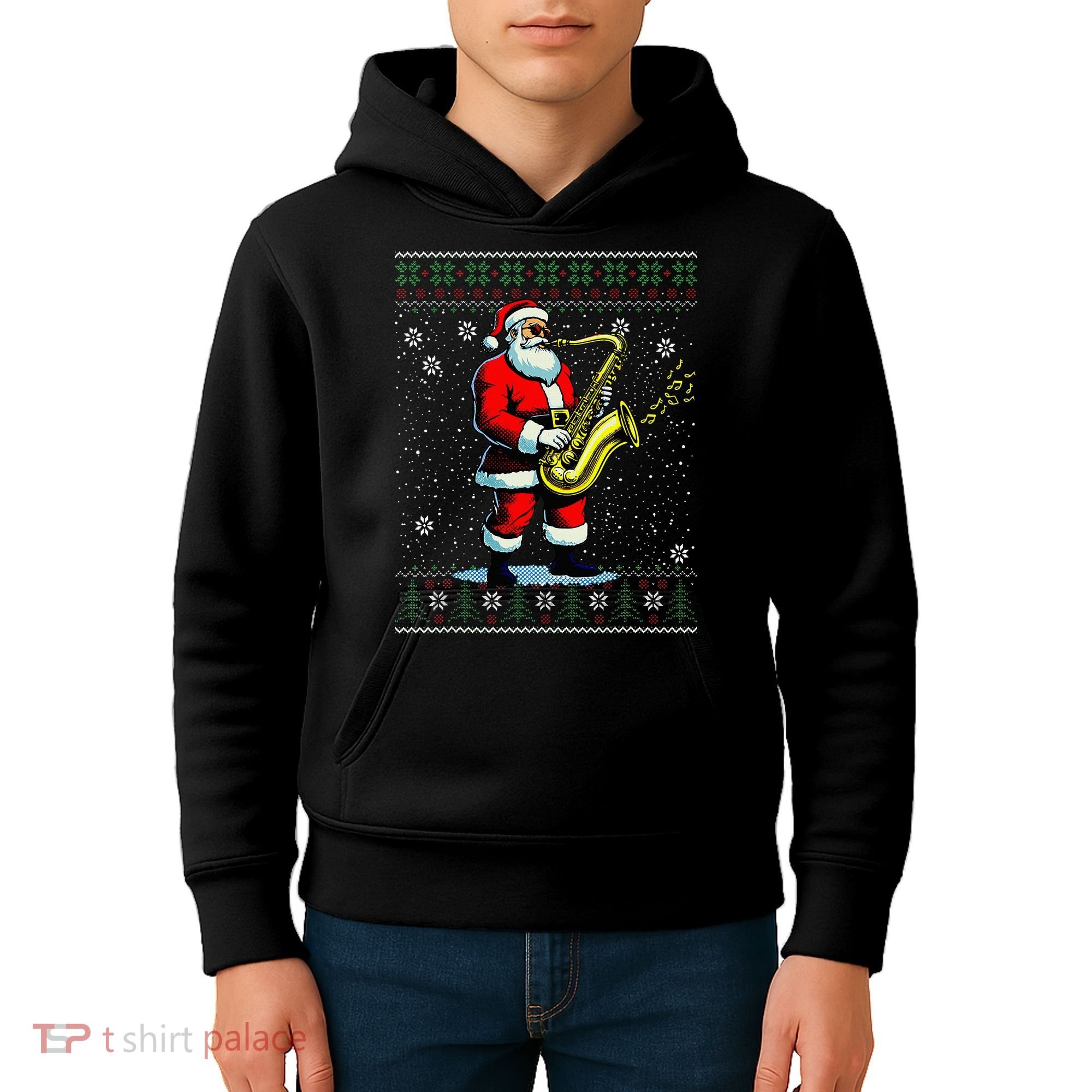 Santa Claus playing Saxophone Musical Ugly Christmas Sweater  Kids Hoodie