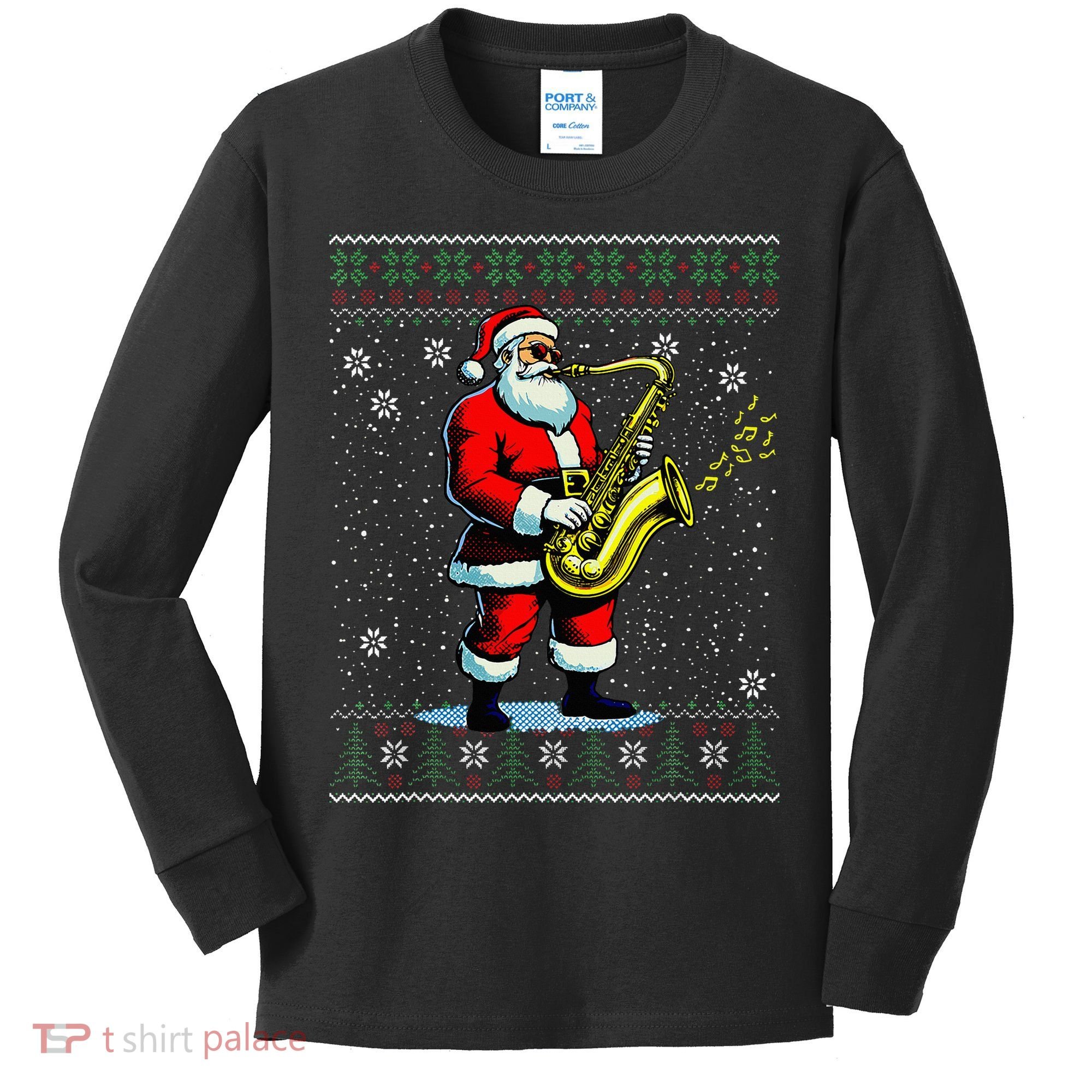 Santa Claus playing Saxophone Musical Ugly Christmas Sweater  Kids Long Sleeve Shirt