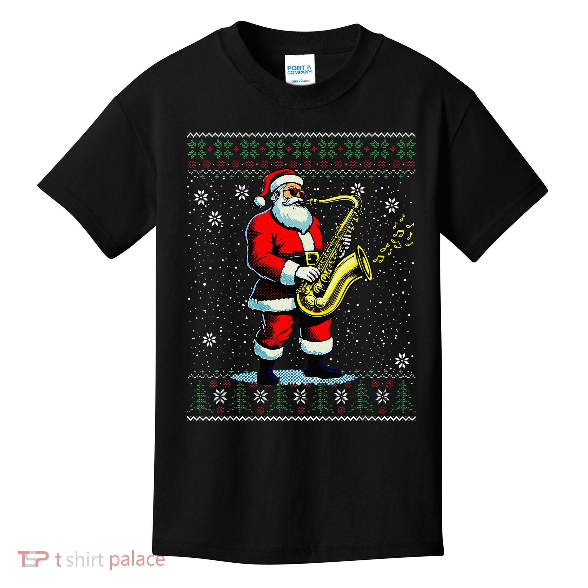 Santa Claus playing Saxophone Musical Ugly Christmas Sweater  Kids T-Shirt