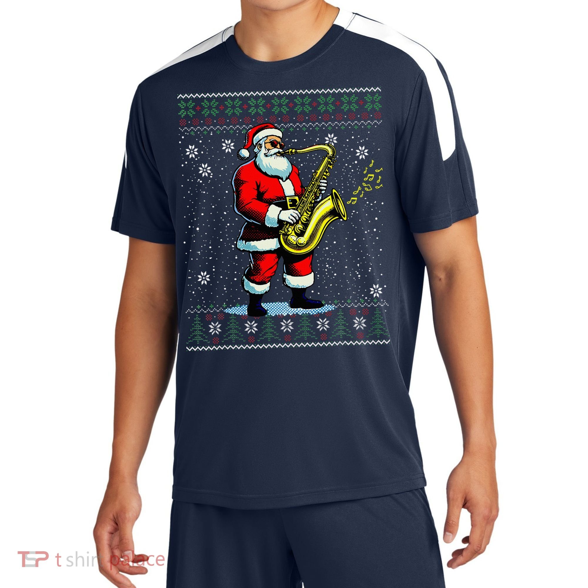Santa Claus playing Saxophone Musical Ugly Christmas Sweater  Sport-Tek Competitor United Soccer Jersey