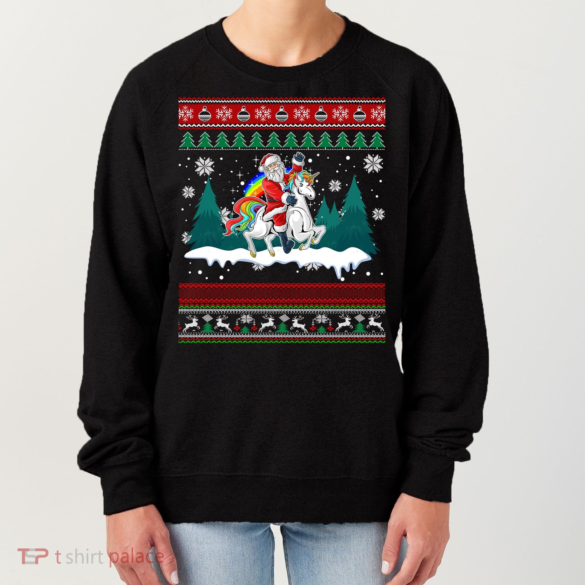 Santa Claus Riding On A Unicorn Ugly Christmas Funny Women's Sweatshirt