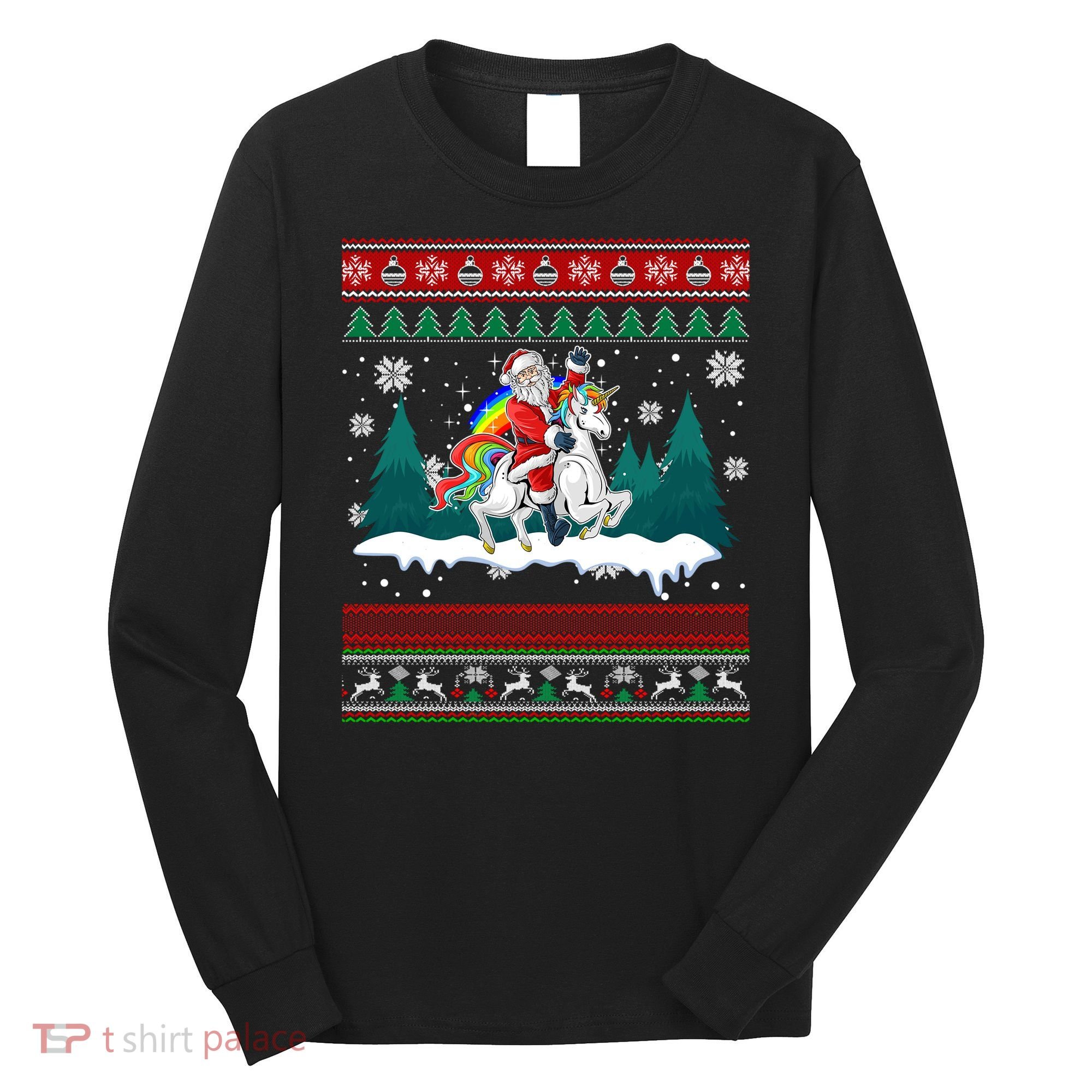 Santa Claus Riding On A Unicorn Ugly Christmas Funny Long Sleeve Shirt