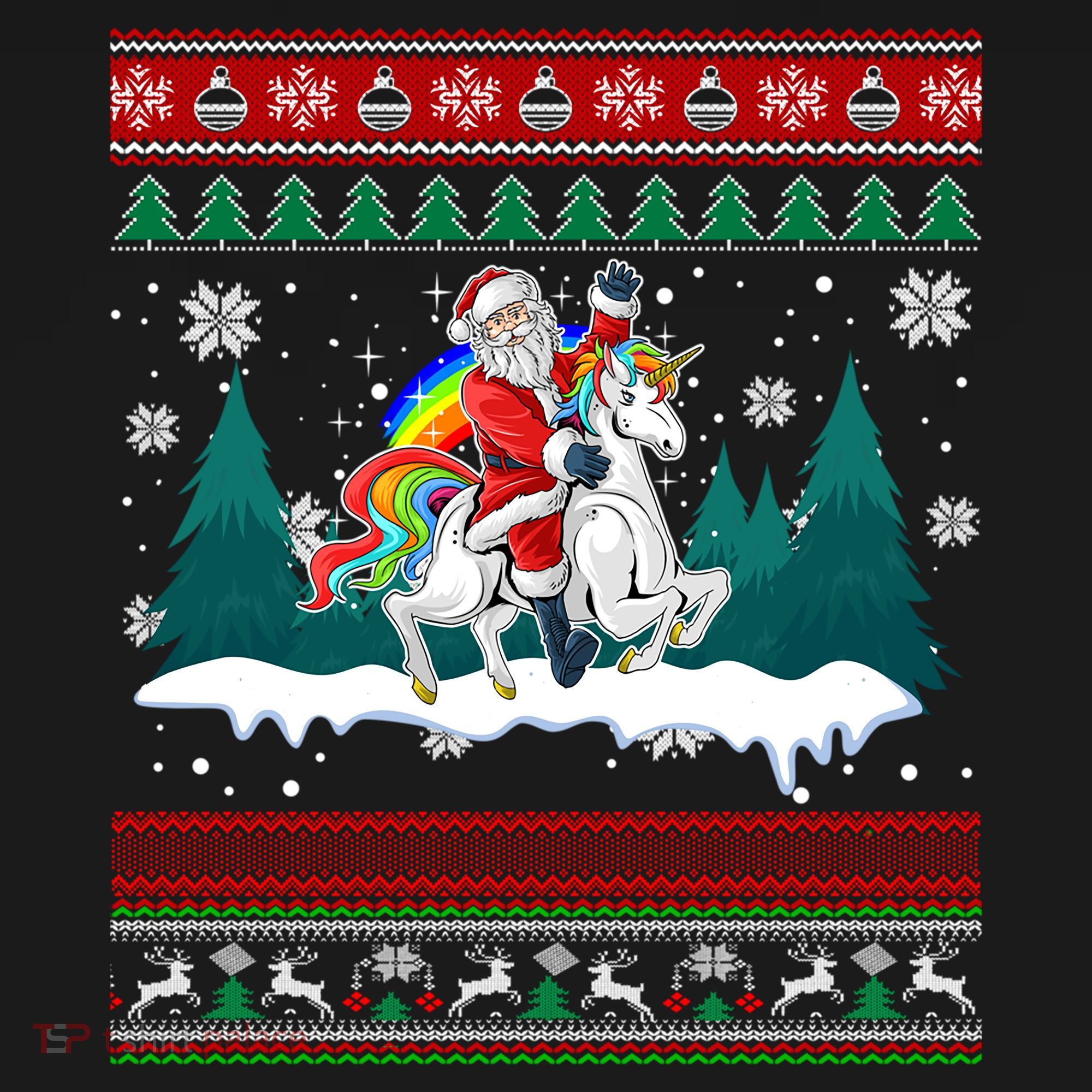 Santa Claus Riding On A Unicorn Ugly Christmas Funny T-Shirt