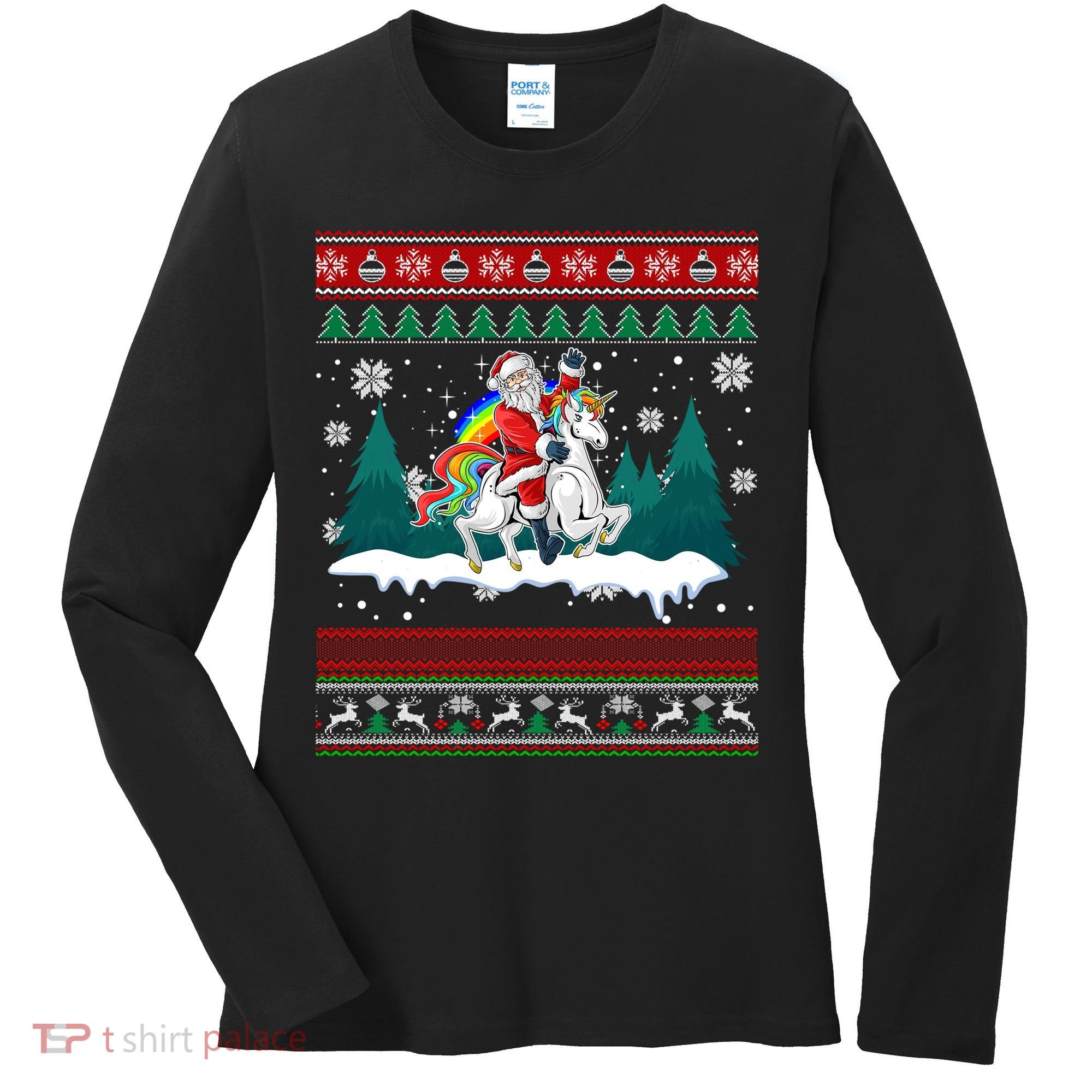 Santa Claus Riding On A Unicorn Ugly Christmas Funny Women's Long Sleeve Shirt