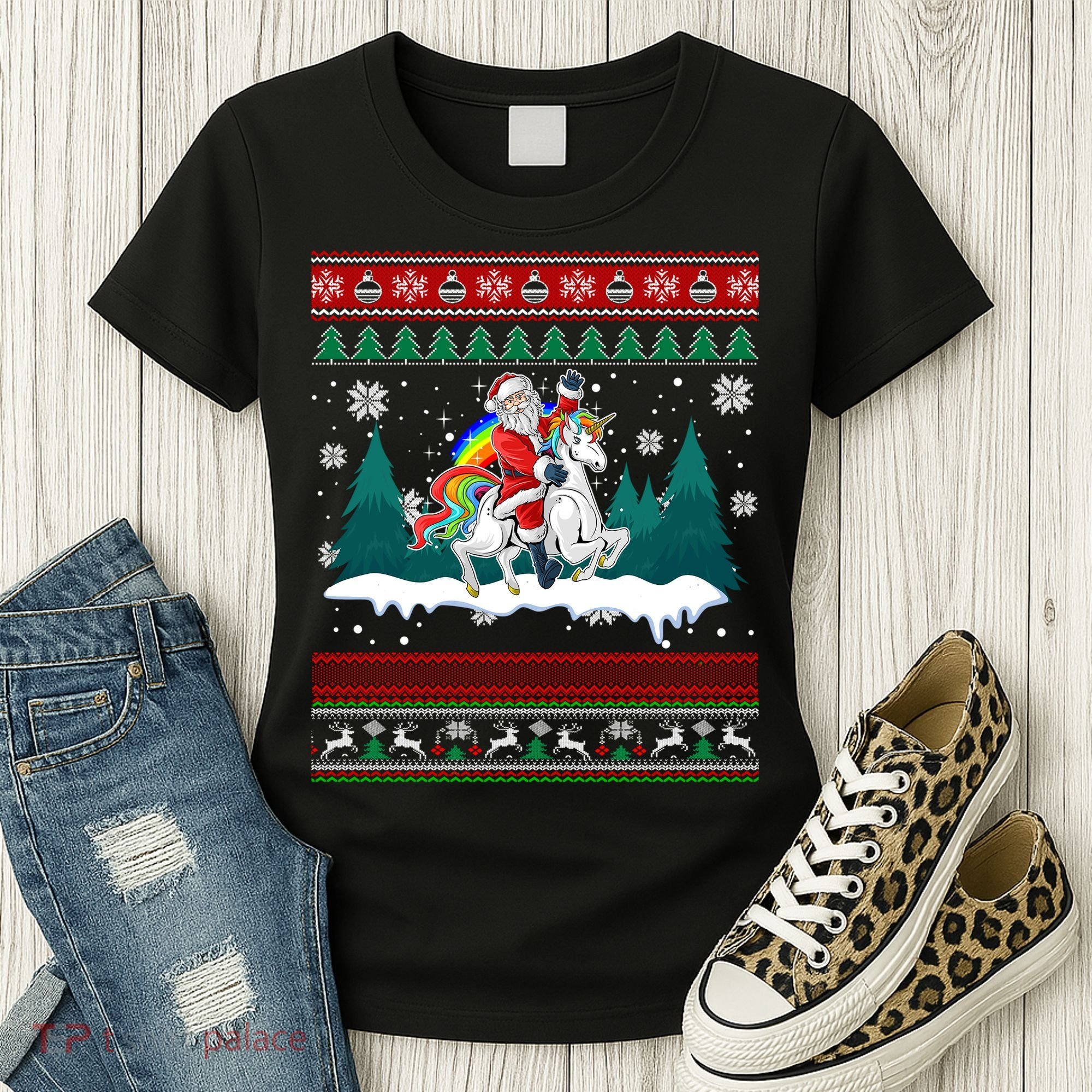 Santa Claus Riding On A Unicorn Ugly Christmas Funny Women's T-Shirt