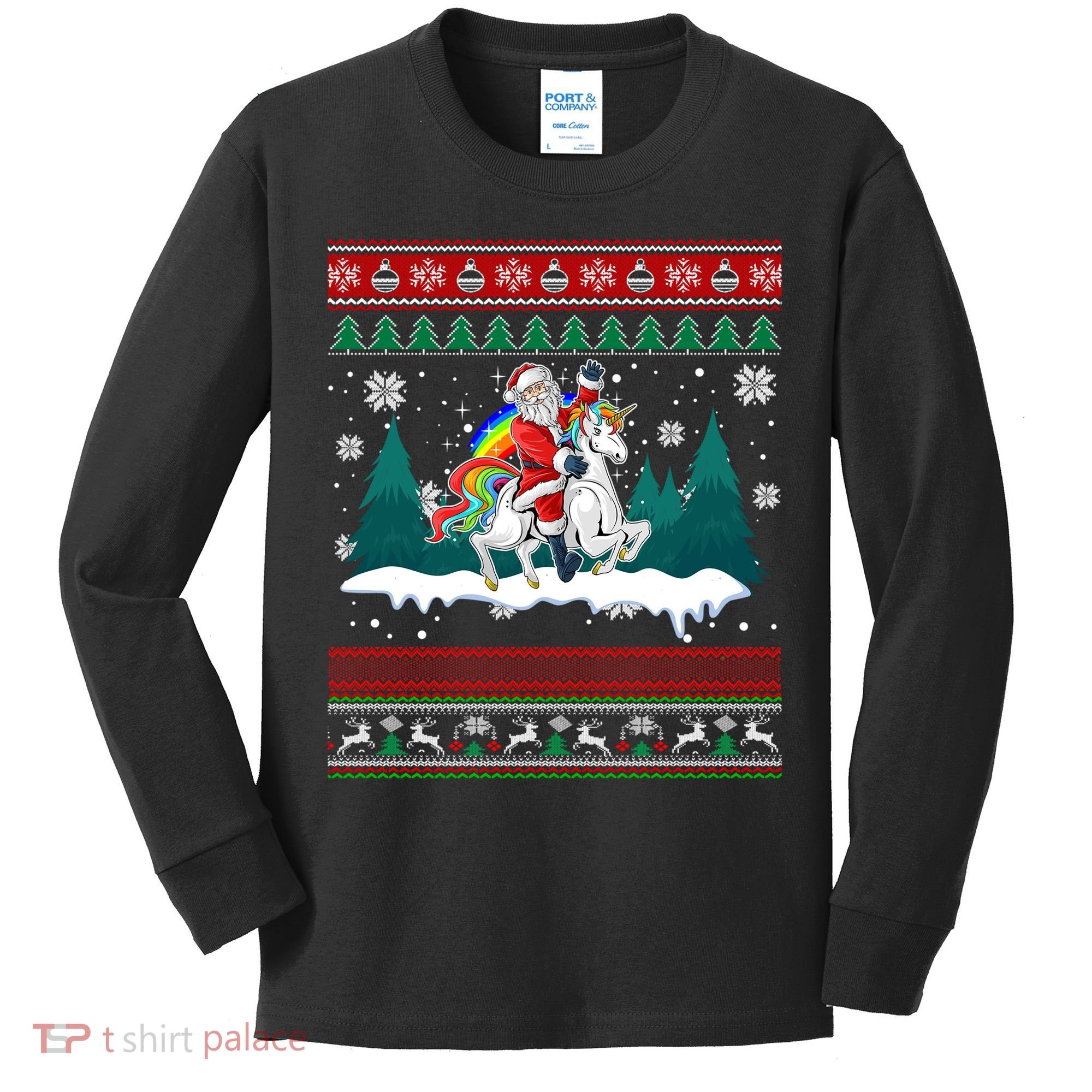 Santa Claus Riding On A Unicorn Ugly Christmas Funny Kids Long Sleeve Shirt