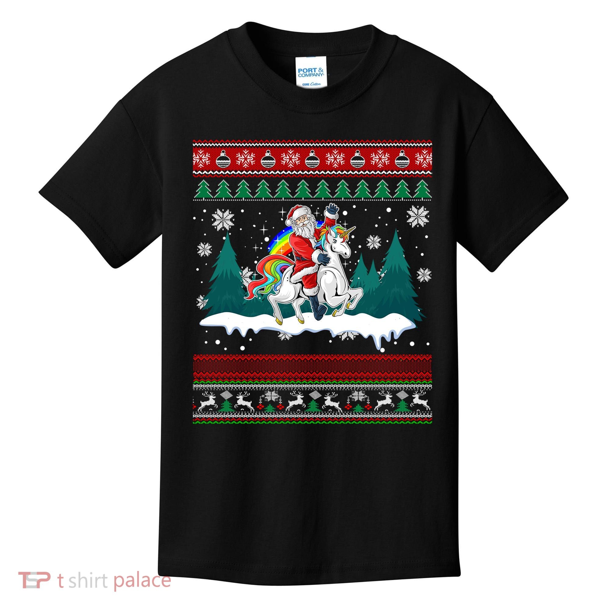 Santa Claus Riding On A Unicorn Ugly Christmas Funny Kids T-Shirt