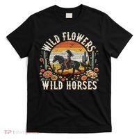 Sunset Cowgirl Riding Horse Wild Flowers Wild Horses T-Shirt thumb 0