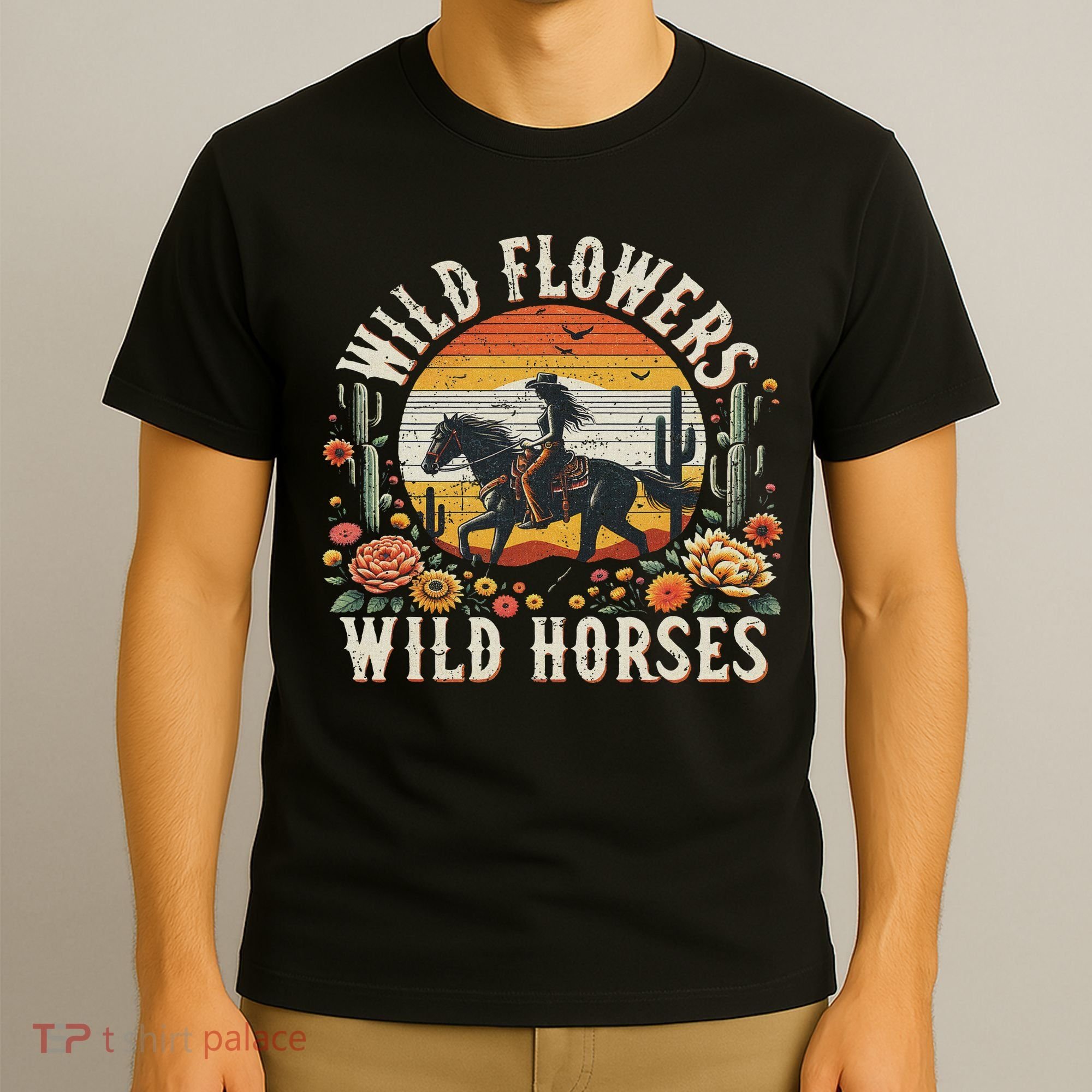 Sunset Cowgirl Riding Horse Wild Flowers Wild Horses T-Shirt