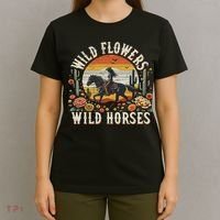 Sunset Cowgirl Riding Horse Wild Flowers Wild Horses T-Shirt thumb 4