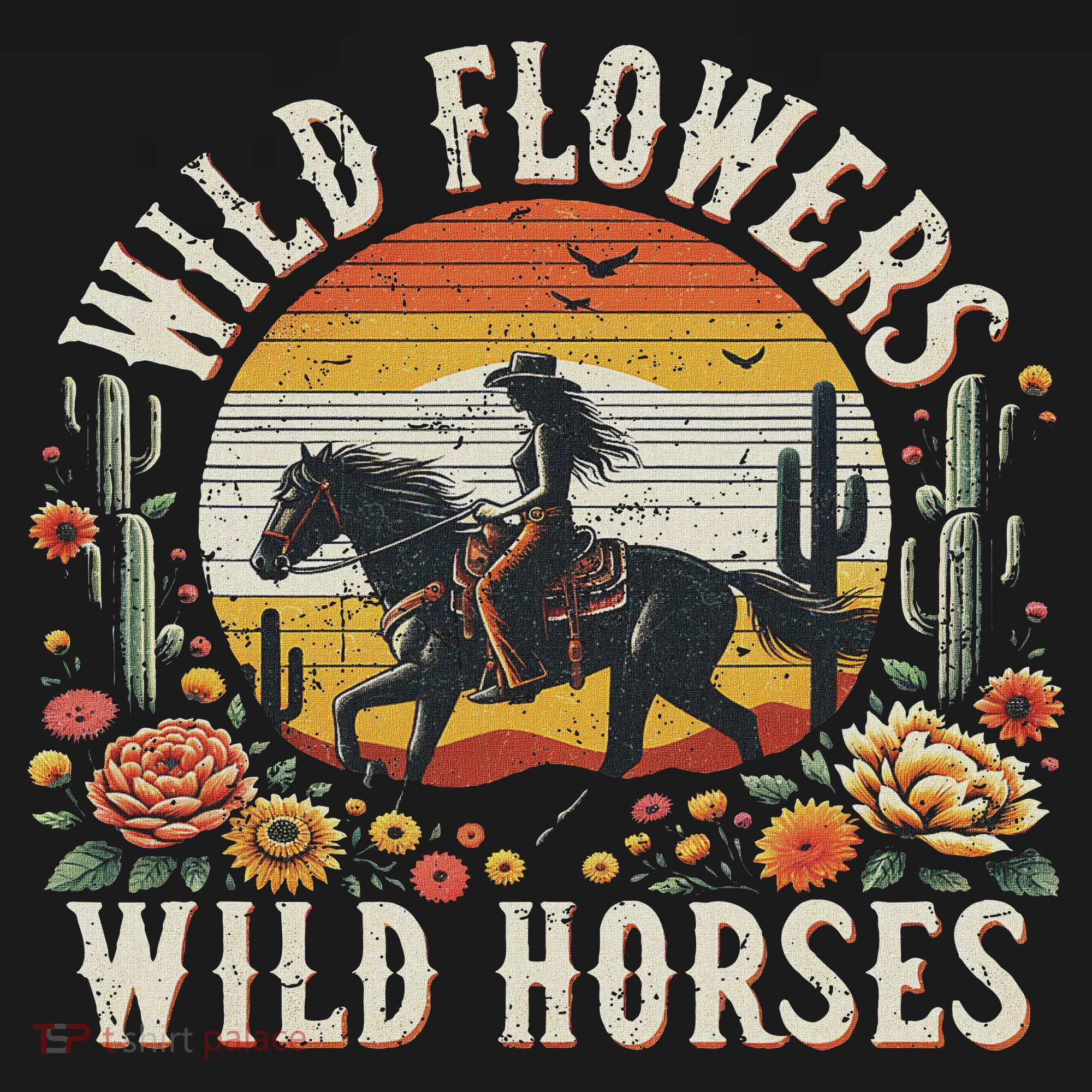Sunset Cowgirl Riding Horse Wild Flowers Wild Horses Women's Hoodie