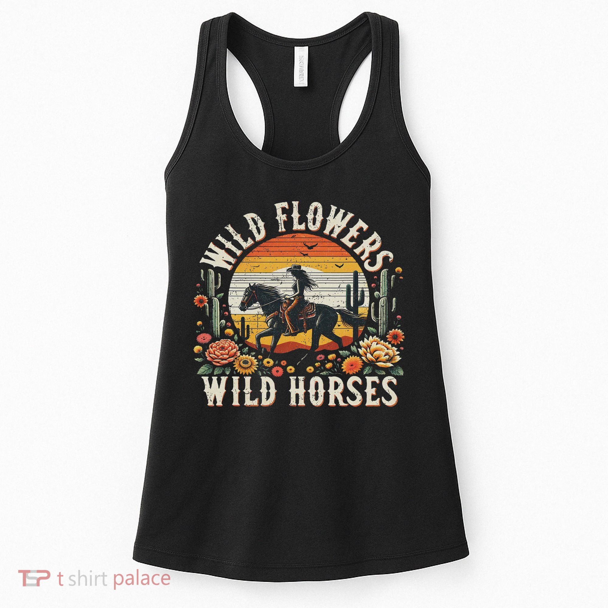 Sunset Cowgirl Riding Horse Wild Flowers Wild Horses Women's Tank Top