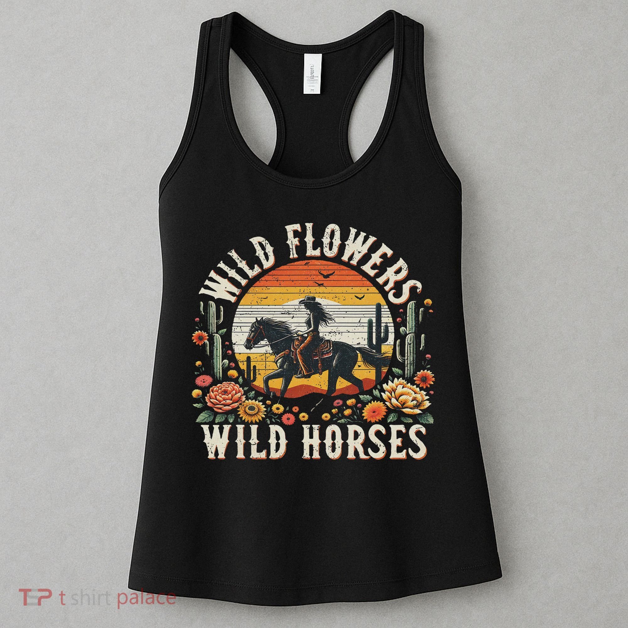 Sunset Cowgirl Riding Horse Wild Flowers Wild Horses Women's Tank Top