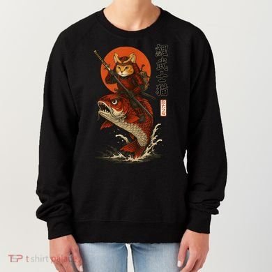 Samurai Cat Riding Koi With Rising Sun  Women's Sweatshirt