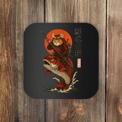 Samurai Cat Riding Koi With Rising Sun  Coaster