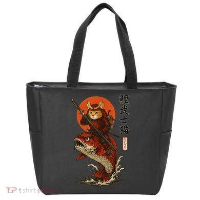 Samurai Cat Riding Koi With Rising Sun  Tote Bag