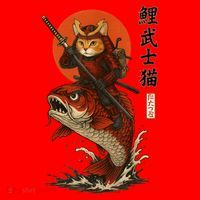 Samurai Cat Riding Koi With Rising Sun  Santa Hat thumb 1