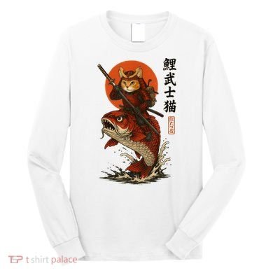 Samurai Cat Riding Koi With Rising Sun  Long Sleeve Shirt