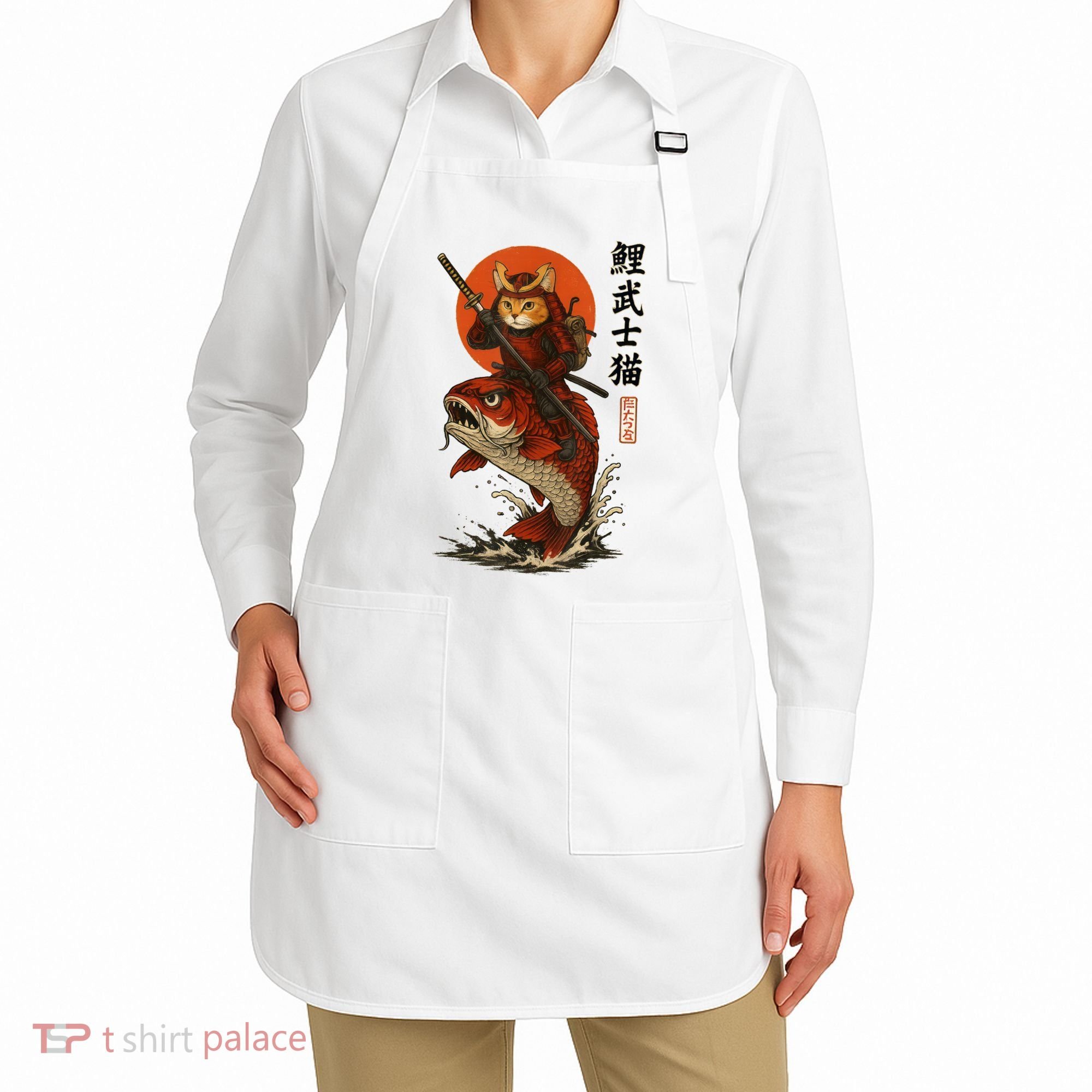 Samurai Cat Riding Koi With Rising Sun  Apron