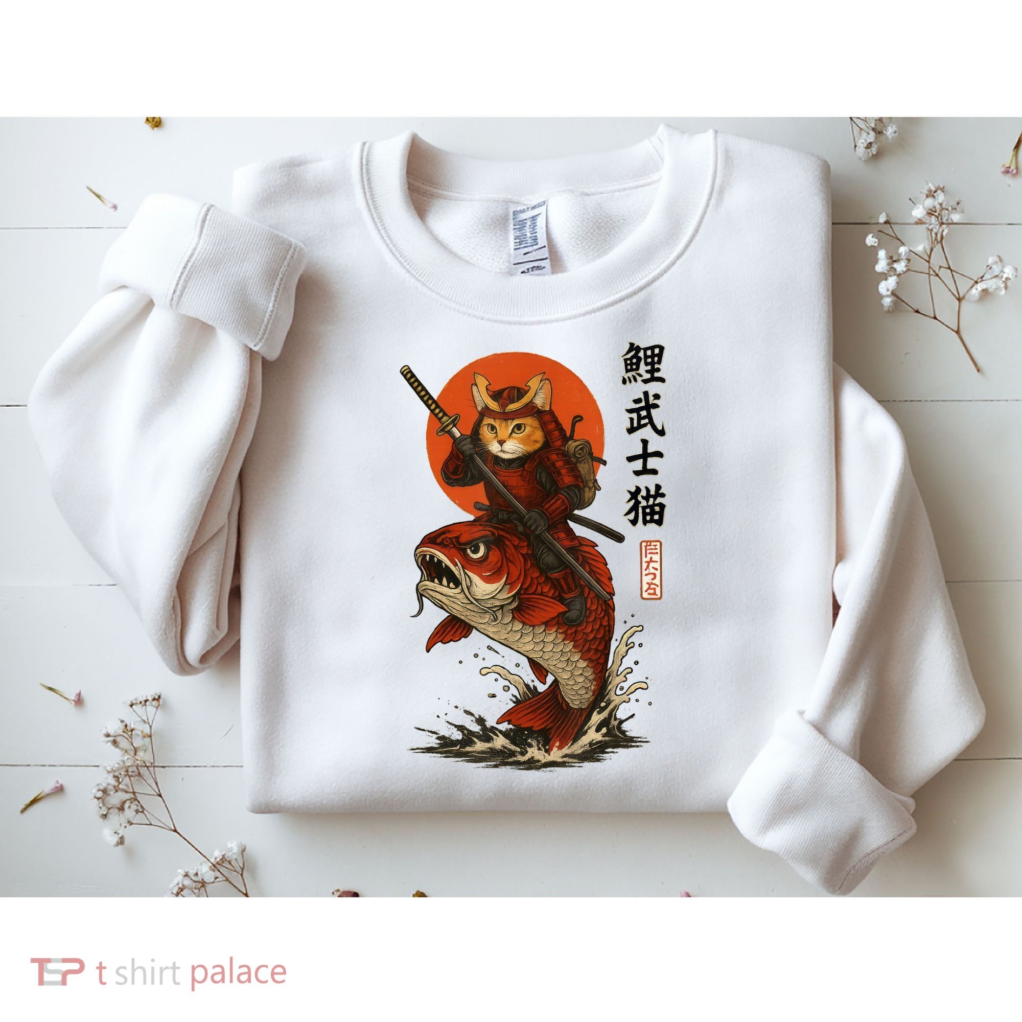 Samurai Cat Riding Koi With Rising Sun  Sweatshirt