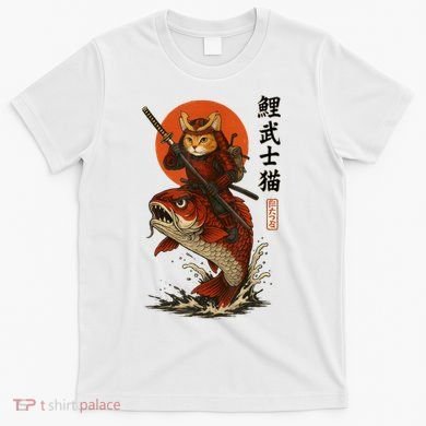 Samurai Cat Riding Koi With Rising Sun  T-Shirt