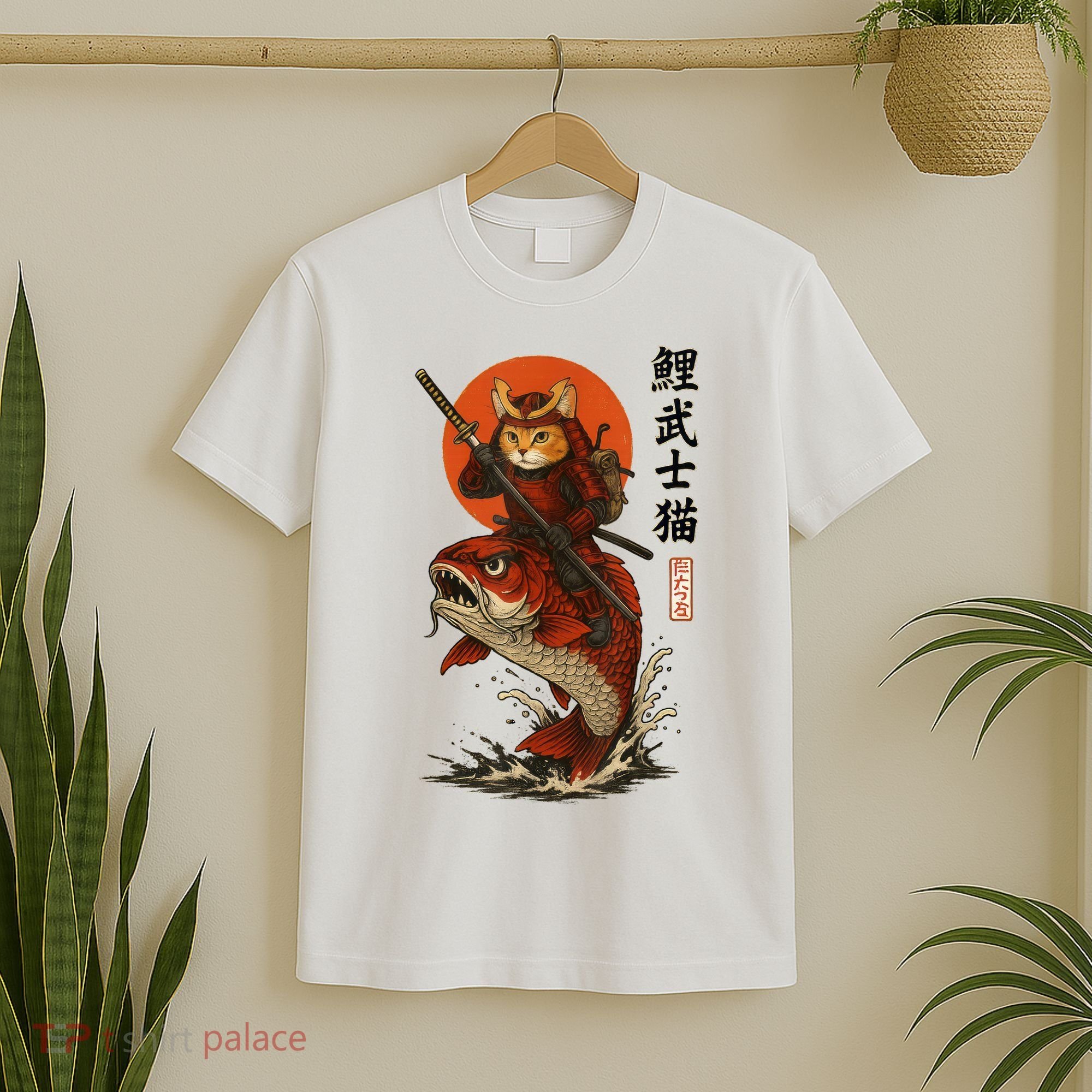 Samurai Cat Riding Koi With Rising Sun  T-Shirt