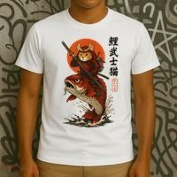 Samurai Cat Riding Koi With Rising Sun  T-Shirt thumb 3