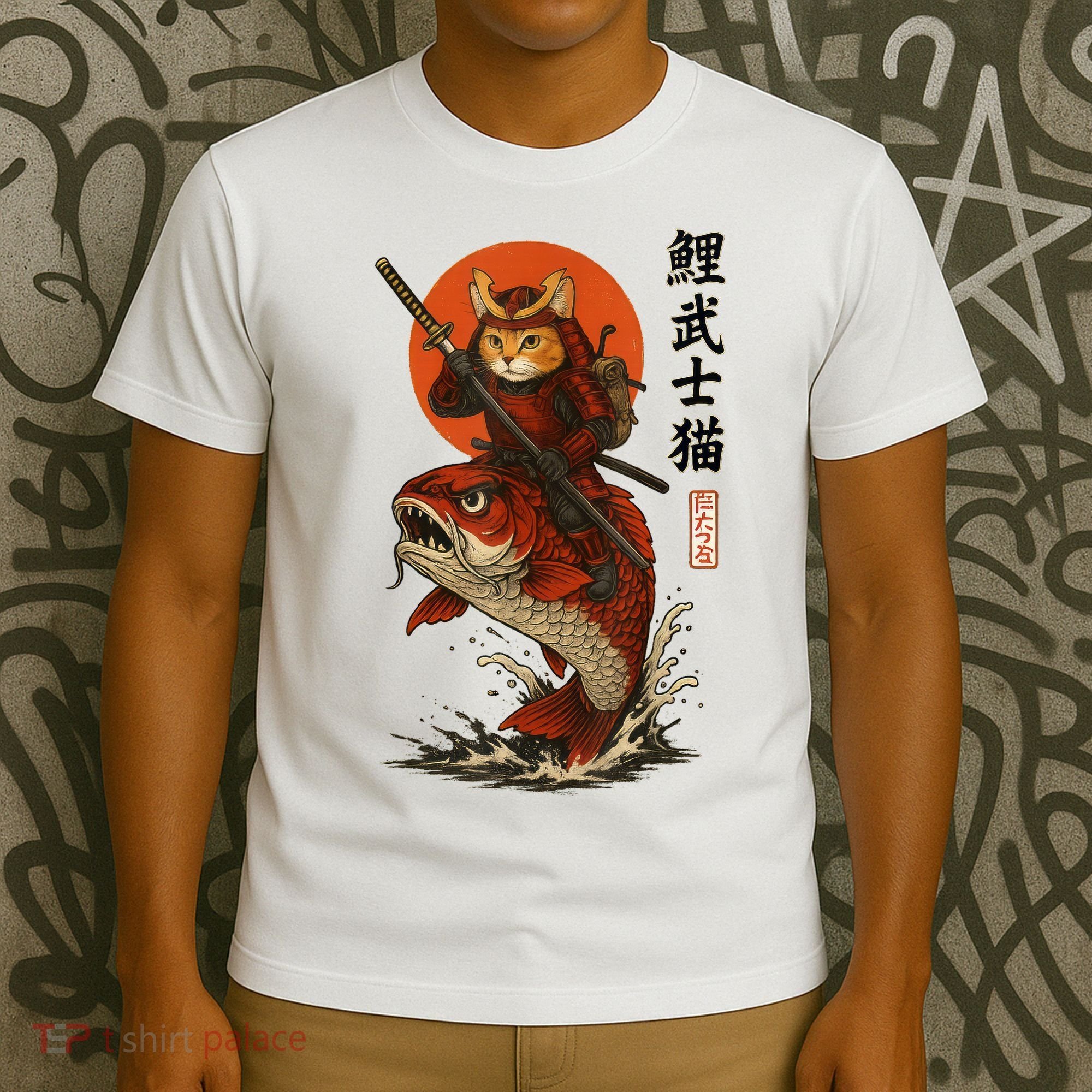 Samurai Cat Riding Koi With Rising Sun  T-Shirt