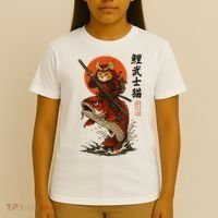 Samurai Cat Riding Koi With Rising Sun  T-Shirt thumb 4