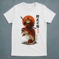 Samurai Cat Riding Koi With Rising Sun  T-Shirt thumb 5