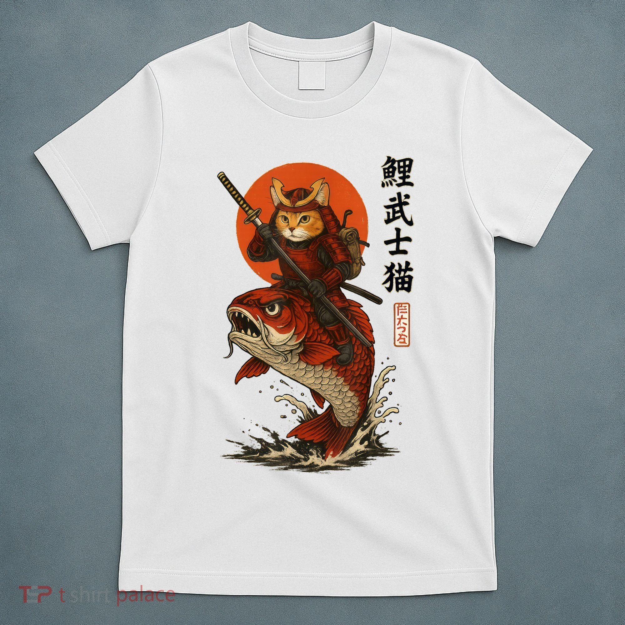 Samurai Cat Riding Koi With Rising Sun  T-Shirt