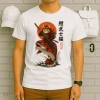 Samurai Cat Riding Koi With Rising Sun  T-Shirt thumb 6