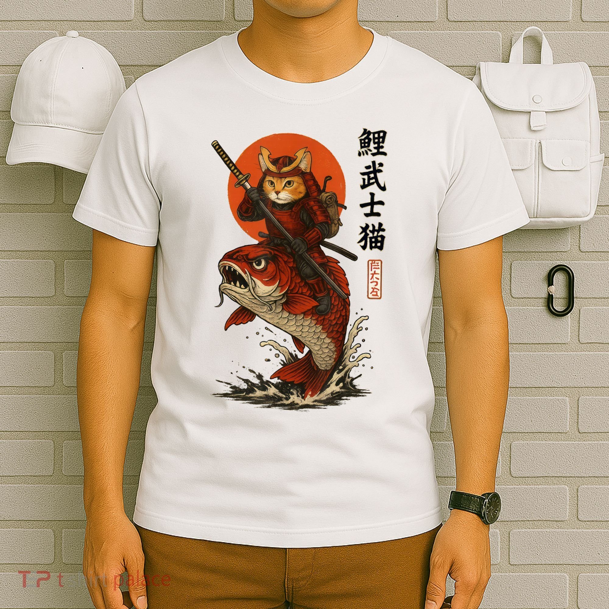 Samurai Cat Riding Koi With Rising Sun  T-Shirt