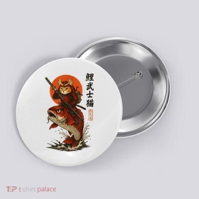 Samurai Cat Riding Koi With Rising Sun  Button