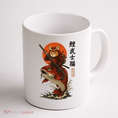 Samurai Cat Riding Koi With Rising Sun  Coffee Mug back