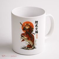 Samurai Cat Riding Koi With Rising Sun  Coffee Mug thumb 1