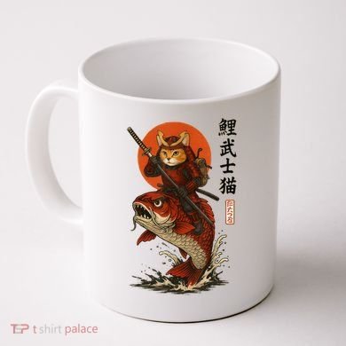Samurai Cat Riding Koi With Rising Sun  Coffee Mug