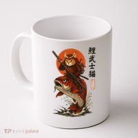 Samurai Cat Riding Koi With Rising Sun  Coffee Mug thumb 0